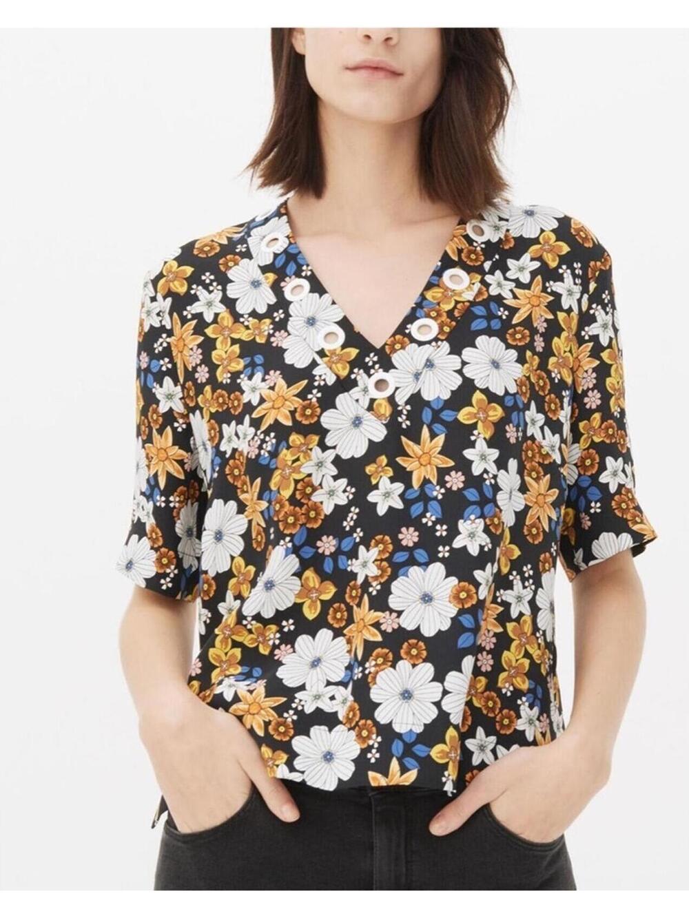 Sandro ParisFloral V-Neck Eyelet Blouse Size 1 Small